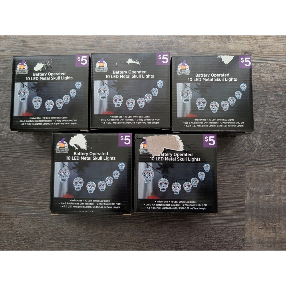 5-Pack Halloween Metal Skull LED String Lights Battery Operated Indoor Decor